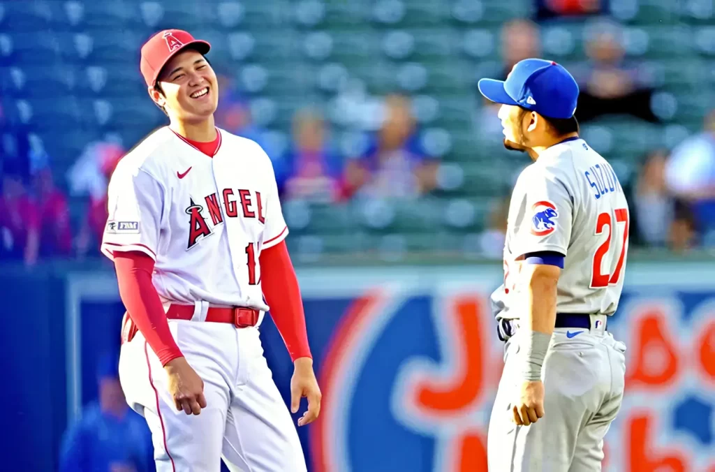 大谷翔平と鈴木誠也がメジャーリーグの試合の前に談笑する風景。